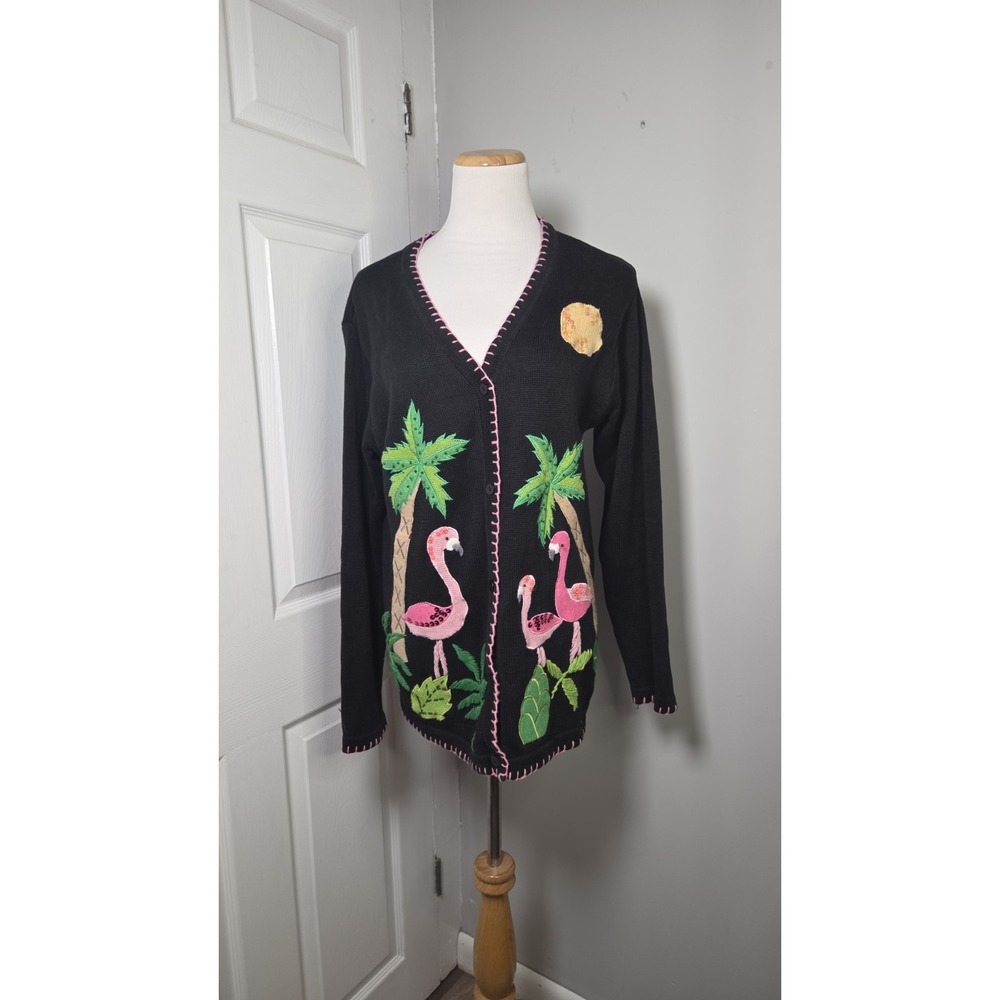 Quacker‎ Factory Black Cardigan Pink Flamigo Palm Tree Medium